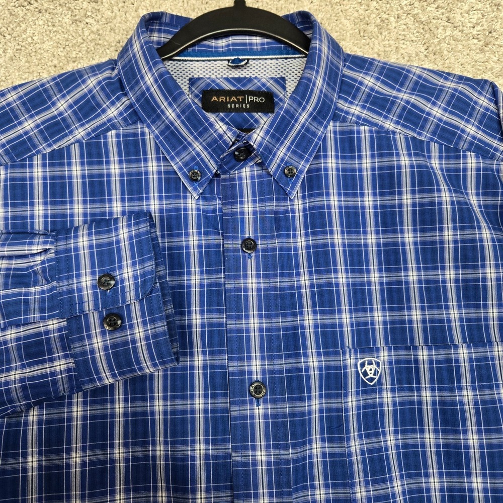 Ariat Pro Series Men's Large oversized Blue Plaid Button-Down Shirt Long Sleeve